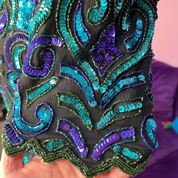 Vintage Sequin Top 100% silk Lawrence Kazar teal turquoise purple size Small - Picture 3 of 9